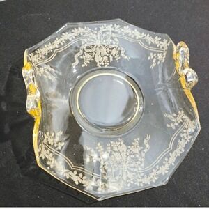 Vintage Yellow Etched Depression Glass Bon Bon Dish Floral Tray